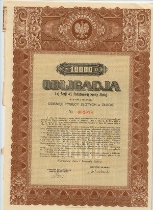 Obbligazione 1a Serie 4% Pensione di Stato in oro per 10.000 zloty in oro 1936 - RARA
