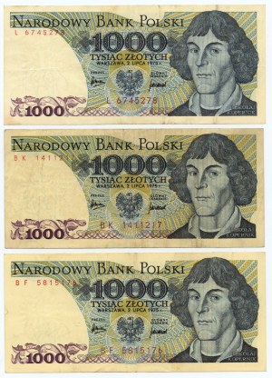 1,000 gold 1975 - series L, BF, BK - set of 3 pieces