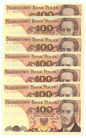 100 złotych 1988 - seria RD, PZ, TF, RL - zestaw 7 sztuk