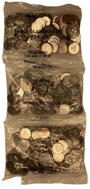 10 mincí 2007, 2009, 2012 - bankovní sáček - sada 3 kusů po 100 mincích