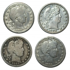 USA - 1/4 dolara 1900, 1902, 1906, 1908 - zestaw 4 sztuk monet