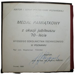 70th anniversary of Poznan University of Technology medal with the awarding and signature of the rector