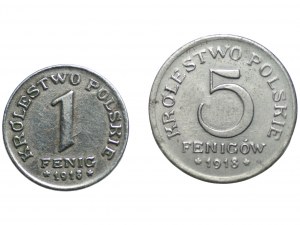 Royaume de Pologne - 1 et 5 fennig 1918 - ensemble de 2 pièces