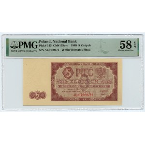 5 złotych 1948 seria AL - PMG 58 EPQ - TRAKTOREK
