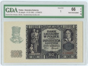 20 złotych 1940 - seria L 0784087 - GDA 66 EPQ