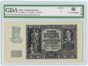 20 zloty 1940 - Série L 0784087 - GDA 66 EPQ