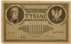 1000 polských marek 1919 - ser. AA 0748429 - 7 číslic