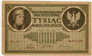 1000 poľských mariek 1919 - Ser. AA 0748429 - 7 číslic