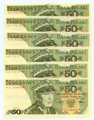 50 zlotých 1988 - sada 6 bankoviek s číslovaním RADAR