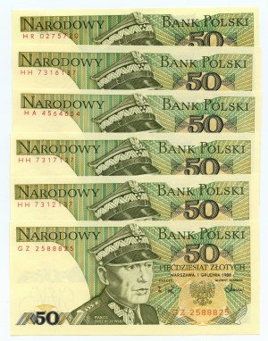 50 zloty 1988 - serie di 6 banconote con numerazione RADAR