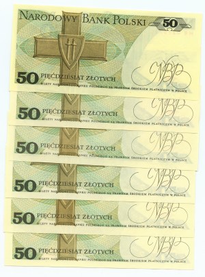 50 złotych 1988 - zestaw 6 sztuk banknotów z numeracją RADAROWĄ