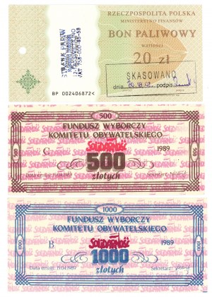 Fundusz Wyborczy Komitetu Obywatelskiego - 500 złotych 1989 - zestaw 2 bonów oraz Bon paliwowy o wartości 20 złotych