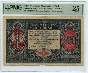 100 marks polonais 1916 - jenerał série A - 7 chiffres - PMG 25