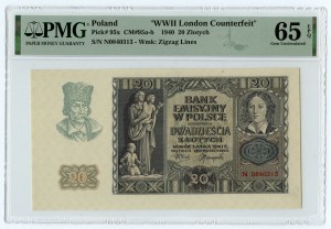20 gold 1940 - N series - London counterfeit - PMG 65 EPQ