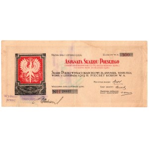 Assignment of the Polish Treasury 500 crowns 1918, H 28937