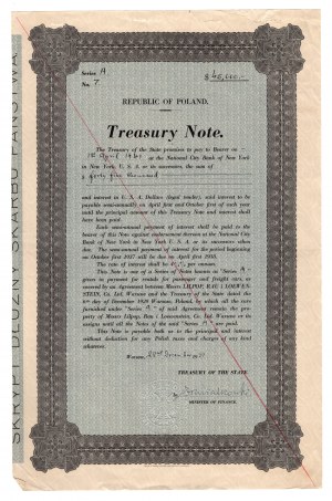 Státní pokladniční poukázka 4,25 % 1937, - 45 000 USD Série A č. 7 - VELMI ZRADKÉ