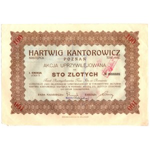 Hartwig Kantorowicz Poznaň, prioritní akcie za 100 PLN pro Bank Przemyslowy TA - číslo 000008