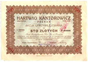 Hartwig Kantorowicz Poznań, action préférentielle de 100 PLN pour Bank Przemyslowy TA - numéro 000008