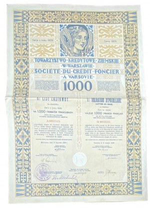 Towarzystwo Kredytowe Ziemskie w Warszawie (Stryjeńska) - 1000 švýcarských franků 1929