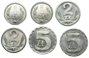 1, 2 und 5 Zloty (1989-1990) Satz von 6 Münzen