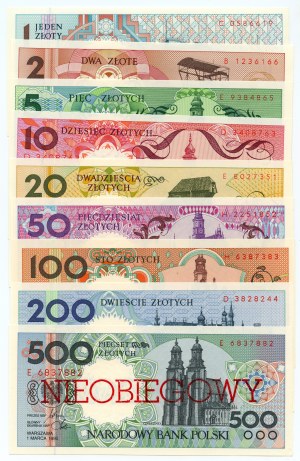 Miasta Polskie - 1-500 złotych 1990 - nadruk nieobiegowy - zestaw 9 sztuk