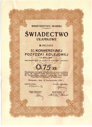 Čiastkové osvedčenie o 5% konverzii železničnej pôžičky vo výške 0,75 zlotých z roku 1926