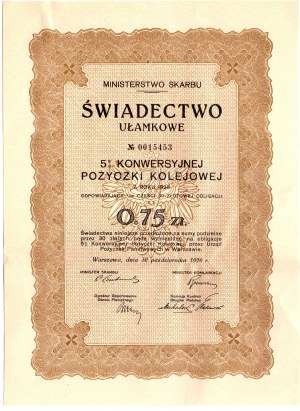Fractional certificate of 5% conversion railroad loan of 0.75 zlotys in 1926