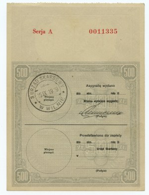 Pridelenie 500 zlotých 1939 - Séria B 0934762 - RARE