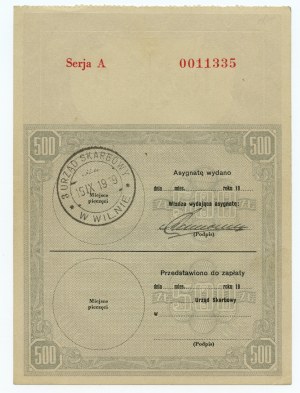 Asygnata 500 zł 1939 - Serja B 0934762 - RZADKI