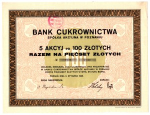 Bank Cukrownictwa S.A. in Poznań - 5 x PLN 100 1926
