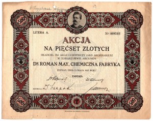 Dr. Roman May - Chemická továrna - 500 zl. 1927 č. 008544