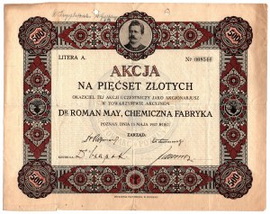 Dr. Roman May - Chemische Fabrik - 500 Zloty 1927 Nr. 008544