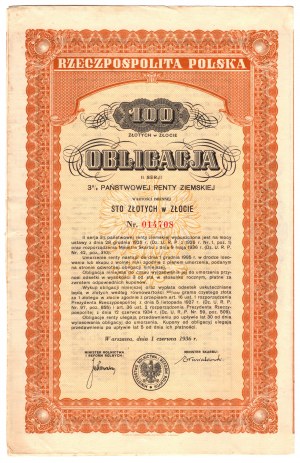 Dlhopis štátneho pozemkového dôchodku 100 zlotých 1936