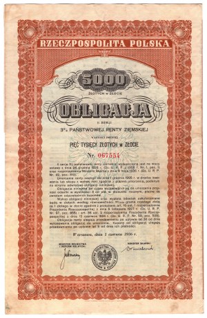 Obligation de pension de la terre d'État 5000 zloty - 1936