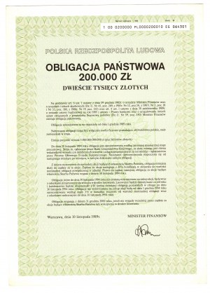 Štátny dlhopis Poľskej ľudovej republiky - 200 000 zlotých 1989