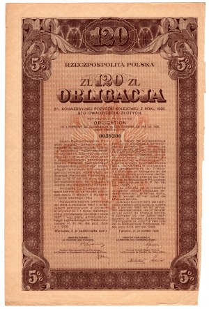 5% konvertibilná železničná pôžička 1926 - dlhopis 120 PLN