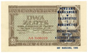 2 zlaté 1941 - séria AA - s potlačou pripomínajúcou Varšavské povstanie vo faleristickom a numizmatickom prevedení
