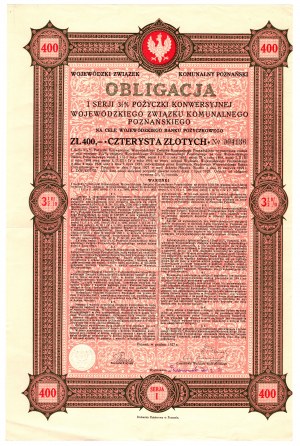 Obligacja 3,5 % Pożyczki Konwersyjnej Wojewódzkiego Związku Komunalnego w Poznaniu - 400 złotych 1927
