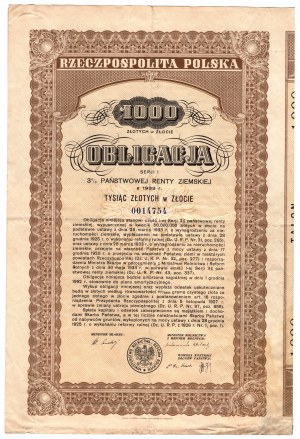 Obligacja Serji I, 3% Państwowej Renty Złotej 1.000 złotych w złocie 1933 - RZADKA
