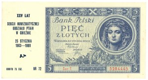 5 Zloty 1930 - Serie T - Aufdruck XXV Jahre der numismatischen Abteilung der PTAiN-Niederlassung in Gniezno