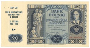 20 zlotých 1936 - série AH - otisk XXV. výročí numismatické sekce pobočky PTAiN v Gniezně