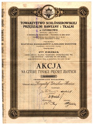 Società della filatura e tessitura di cotone Schlosser a Ozorków - Em.1, Azione per 4.500 PLN