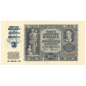 20 złotych 1940 - seria H 0007408 - z nadrukiem upamiętniającym powstanie warszawskie w falerystyce i numizmatyce