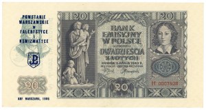 20 złotych 1940 - seria H 0007408 - z nadrukiem upamiętniającym powstanie warszawskie w falerystyce i numizmatyce