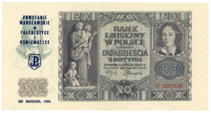 20 zlotých 1940 - séria H 0007408 - s pretlačou pripomínajúcou Varšavské povstanie vo faleristickom a numizmatickom