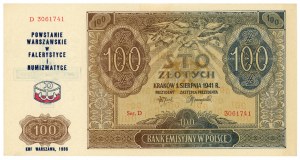 100 zlotých 1941 - série D - přetisk připomínající Varšavské povstání ve faleristickém a numismatickém provedení