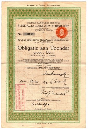 Dluhopis - Nadace Zakłady Kórnickie - 100 guldenů 1929 (Kórnik u Poznaně)