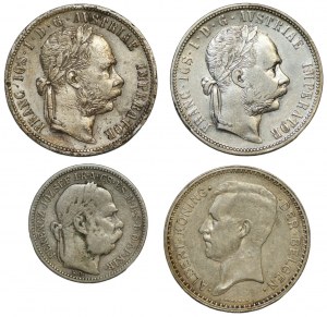 SVĚT - 1 florén 1879, 1 koruna 1895, 20 franků 1934 - sada 4 mincí