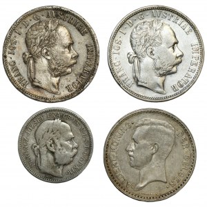 SVĚT - 1 florén 1879, 1 koruna 1895, 20 franků 1934 - sada 4 mincí