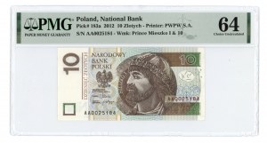 10 zlotých 2012 - séria AA 0025184 - PMG 64